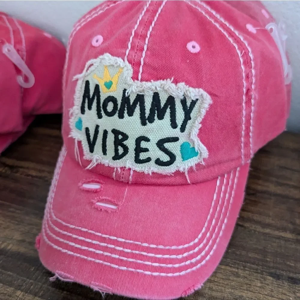Ladies Coral Mommy Vibes Distressed Baseball Hat